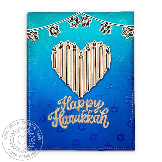 Sunny Studio Blue & Gold Hanukkah Candles Card (using Love & Light Stamps, Brilliant Banner 1 Dies and Dotted Diamond Landscape Die)
