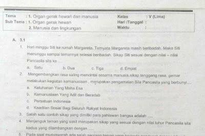 Download soal UTS atau penilaian tengah semester  Soal UTS K13 Kelas 5 Tema 1 Subtema 1 dan 2