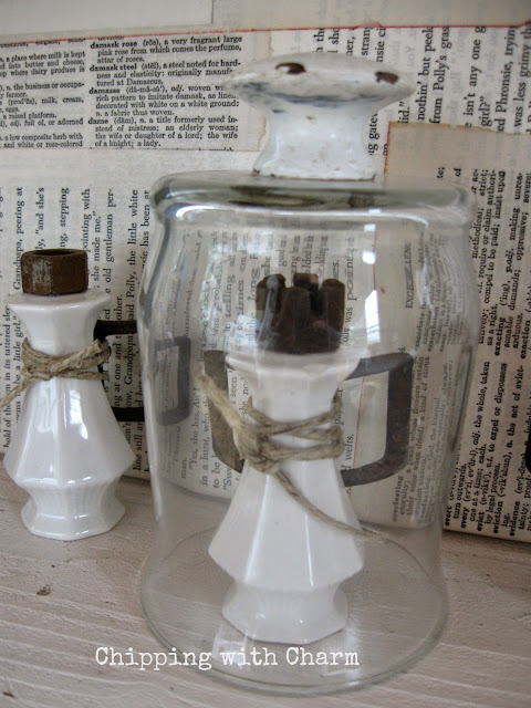 Chipping with Charm: Salt and Pepper Shaker Angel and votive cloche...www.chippingwithcharm.blogspot.com