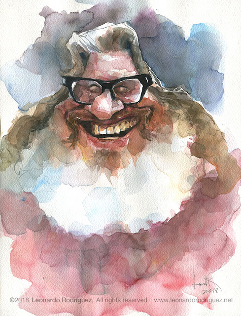 Funny watercolor caricature of a smiling big beard man, his name is Bill Gaines, founder of Mad Magazine