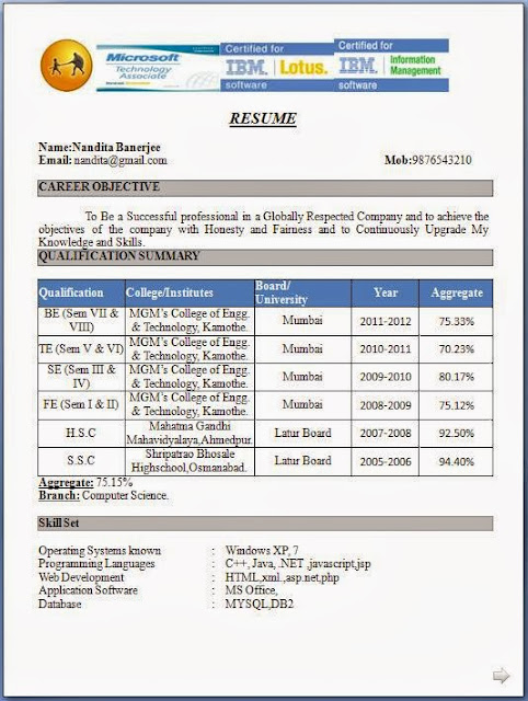 Fresher Resume Format