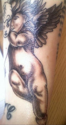 Black and Grey Cherub Angel Tattoo on Arms