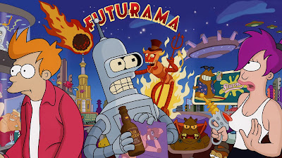 Three characters in the foreground. One is a man, one is a robot, and the other is a female cyclops. In the background, there are various characters such as the robot devil, an alien wearing a cape and spaceships in the sky. The text reads 'Futurama'.