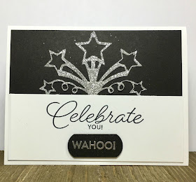 This black and white graduation card uses Stampin' Up!'s Birthday Blast stamp set and Star Blast Edgelits.  We also used Silver Glimmer Paper and Silver Embossing Powder/Heat Tool.  #stampinup #stamptherapist www.stampwithjennifer.blogspot.com