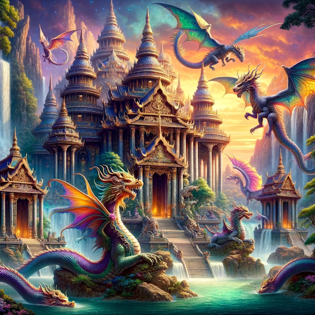 An artist's depiction of the ancient dragon-worshipping empire, showcasing majestic dragons soaring above grand, mystical temples