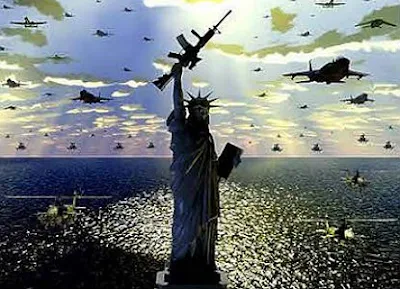 Estátua da Liberdade com arma na mão e vários aviões de combate