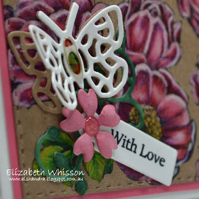 Elizabeth Whisson, Alshandra, Our Daily Bread Designs, Fragrance, prismacolor pencils, flowers, butterflies, with love, double stitched rectangles, bitty butterflies, lovely leaves, mini tags and labels, mini tag sentiments, handmade card