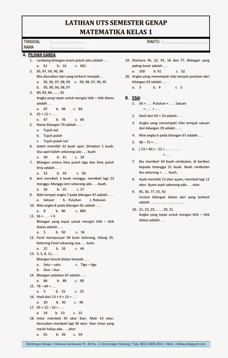 Download Soal UTS Genap Matematika Kelas 1 Rief Awa Blog