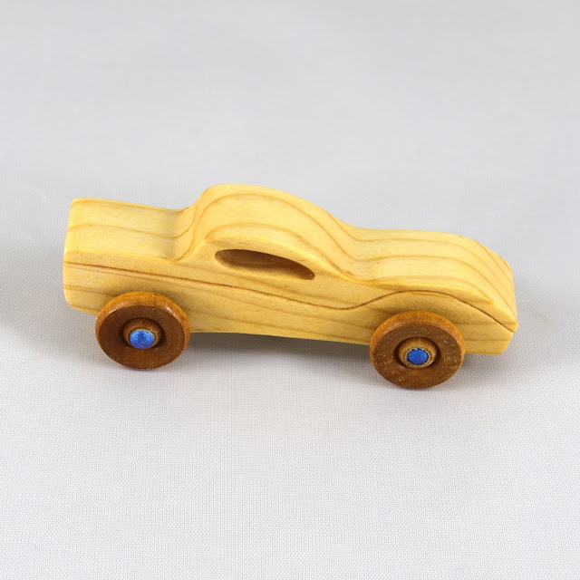 Wood Toy Car, Handmade and Finished with Beeswax, Amber Shellac, and Metallic Saphire Blue Acrylic Paint, Itty Bitty Coupe