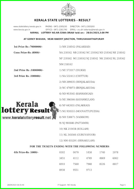 Nirmal NR-326  Results Today,Off. Kerala Lottery Result 28.04.2023,