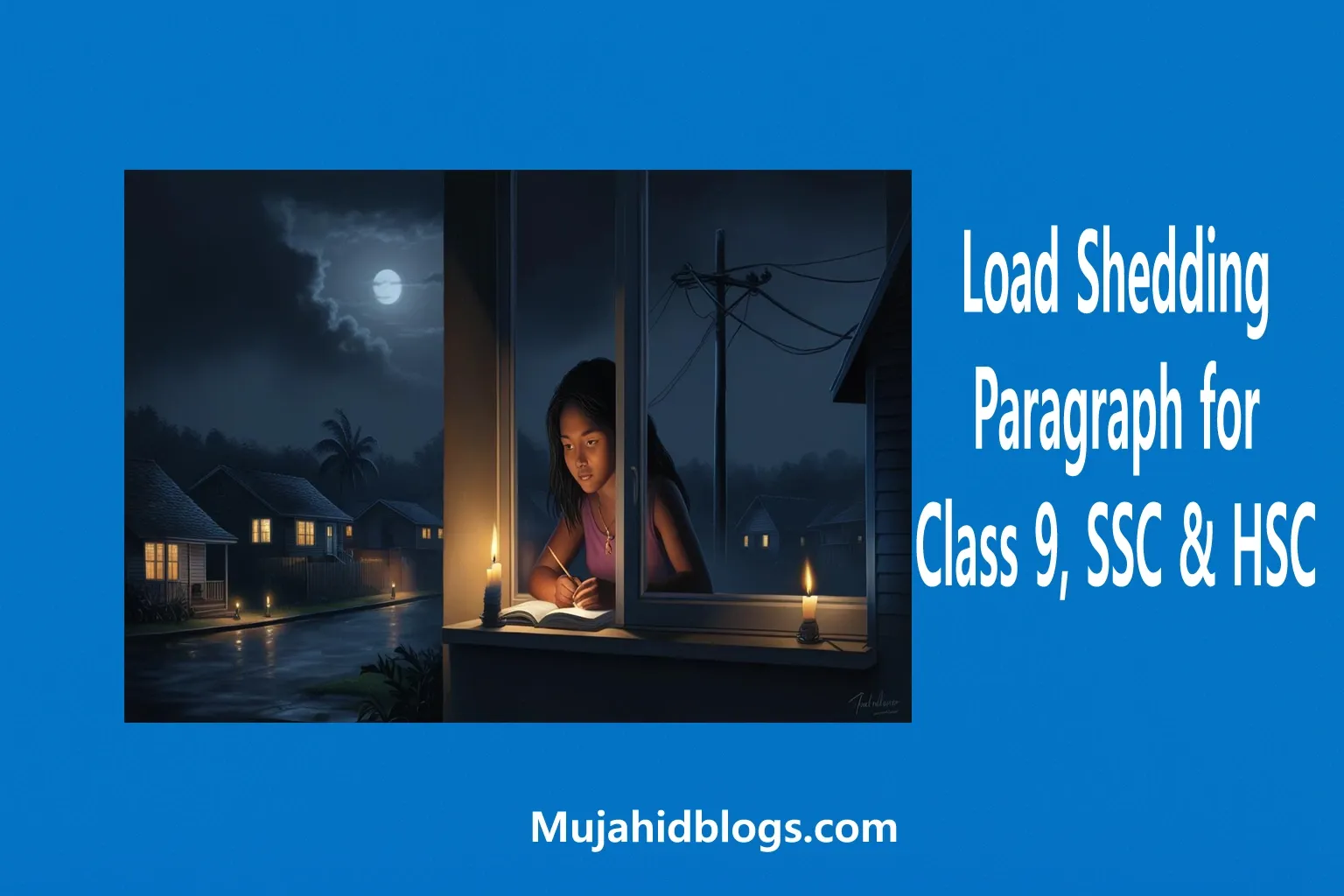 A high school student studying by candlelight during load shedding in a dark neighborhood, showing the impact of electricity shortage on education.