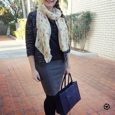 awayfromblue instagram | adding colour to a monochrome office outfit with navy bag parrot print scarf with boucle jacket