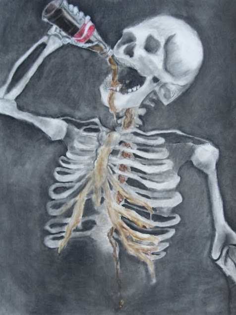 painting depicting a human skeleton drinking soda