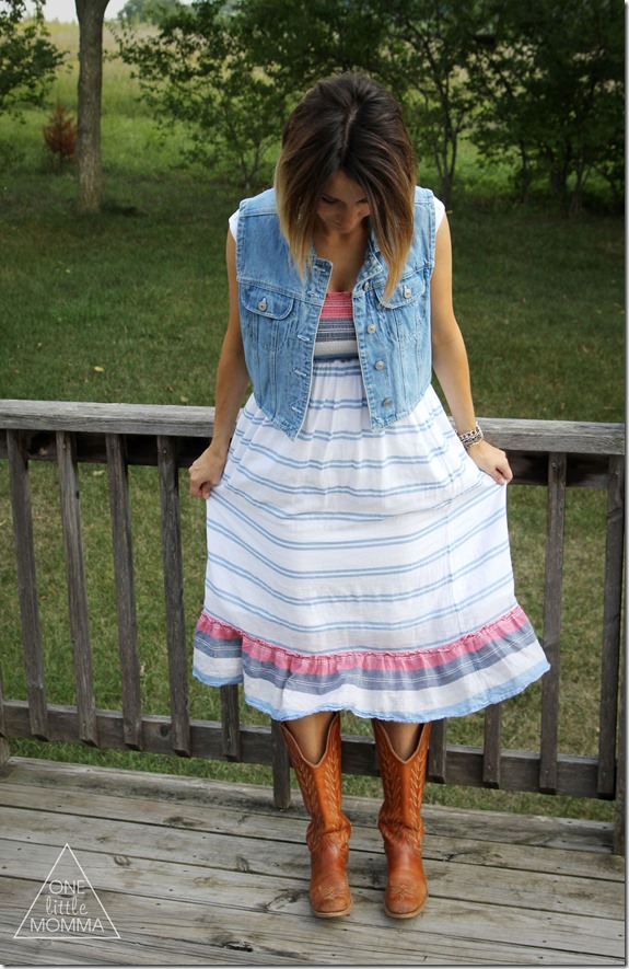 denim vest, sun dress and cowgirl boots
