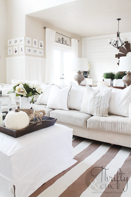 Neutral Fall decorating ideas and decor. Neutral and white living room decor. Two story great room decorating idea