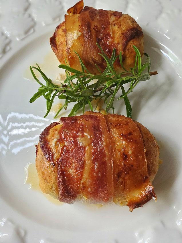 bacon wrapped stuffed chicken breasts with broccoli and cheese