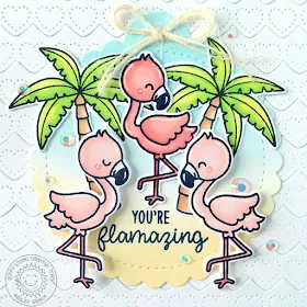 Sunny Studio Stamps: Heartstrings Border Dies Fabulous Flamingos Sending Sunshine Scalloped Tag Circle Dies Everyday Card by Ashley Ebben