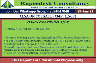 CLSA ON COLGATE (CMP 1,563) - Rupeedesk Reports - 29.01.2021