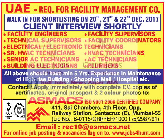 Required facility management co Jobs for UAE