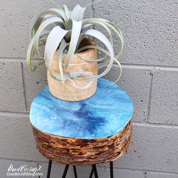 How to make a wood slice hair pin leg table with marbled resin flo paint pour.