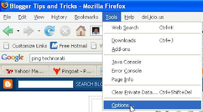 Firefox browser menu bar Tools Option