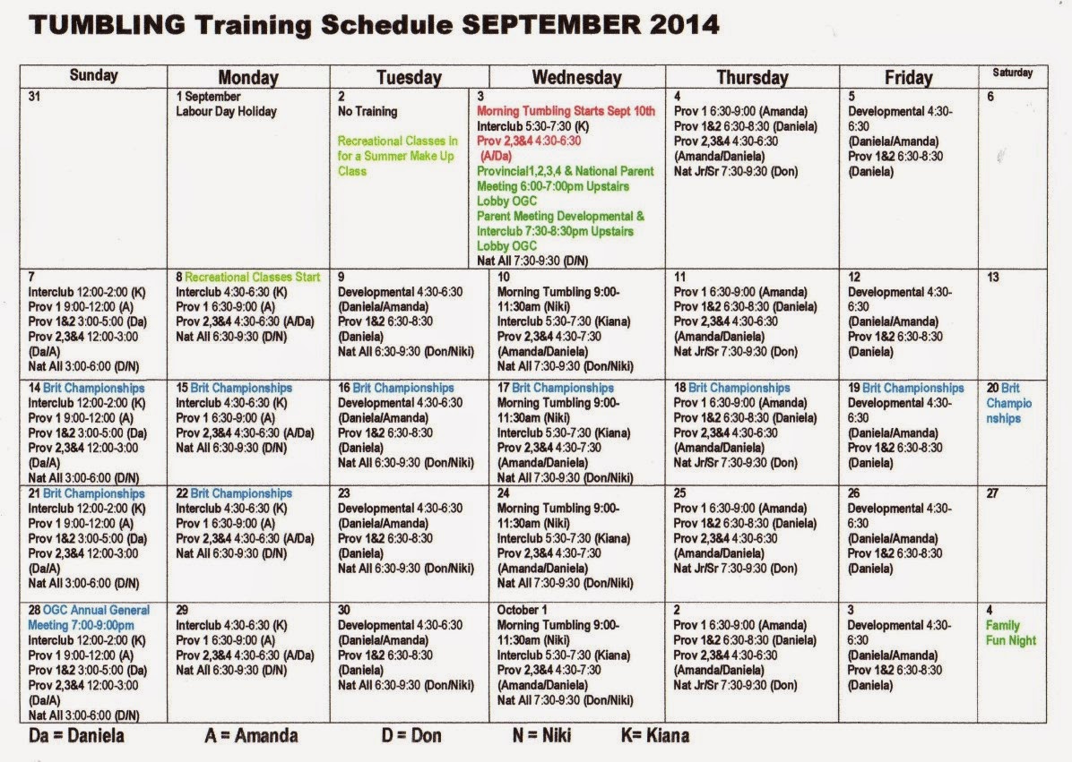 tumblers schedule gymnastics OAKVILLE GYMNASTICS TUMBLING September CLUB PROGRAM: