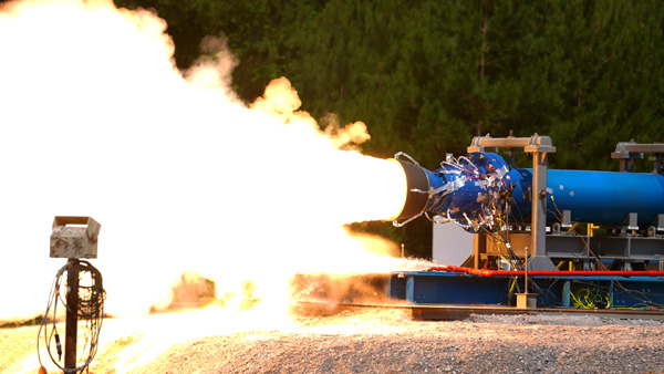 A subscale version of the solid rocket booster that will fly on Artemis 9 and beyond is tested at NASA's Marshall Space Flight Center in Huntsville, Alabama...on June 1, 2022.