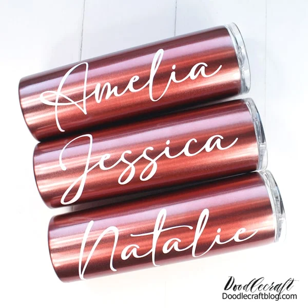 Personalize rose gold tumblers with glossy white permanent vinyl using the Cricut cutting machine.