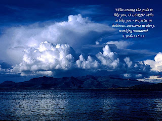 Beautiful landscape nature bible verse wallpaper with hills, sea, clouds, and blue weather free religious verse backgrounds for desktop and PPT images download