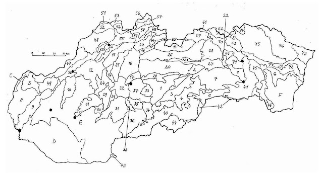 Mapa všetkých geomorfologických celkov Slovenska.