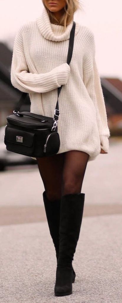 fall fashion inspiration / sweater dress + bag + high boots