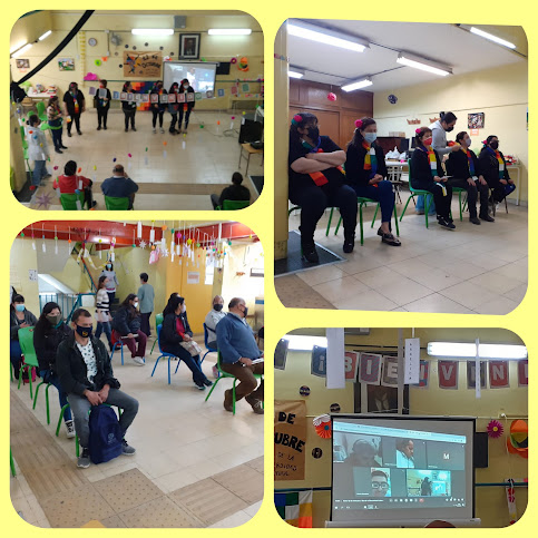 Collage con 4 fotos panorámicas del patio con invitados presenciales y virtuales (foto de proyección de pantalla), grupo de alumnas que actuaron
