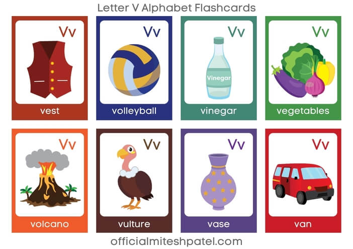 Free Printable Letter V Alphabet Flash Cards with words