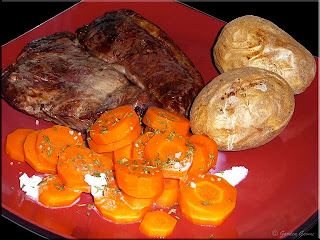 blade steak, oven baked potatoes and herbed carrot coins