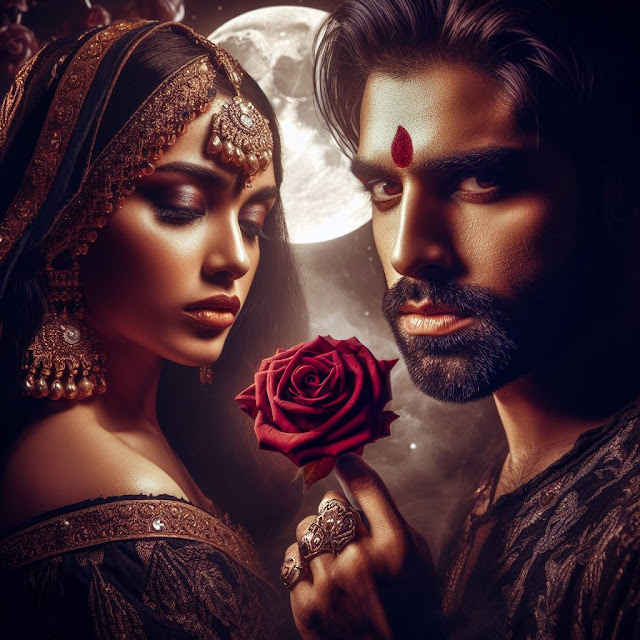 Intense and realistic picture of an Indian man and woman in a romantic mood with a rose and a moon in the background