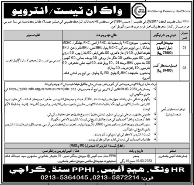 Latest PPHI Sindh Medical Posts Karachi 2023