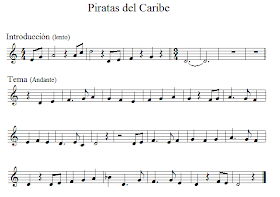  Partitura 2 Fácil de Piratas del Caribe con Introducción Clave de Sol recomendada para Flautas, Violín, Trompeta, Clarinete, Cornos... (Treble clef Recorder, Violín, Flute, Trumpet, Clarinets, Horn...)