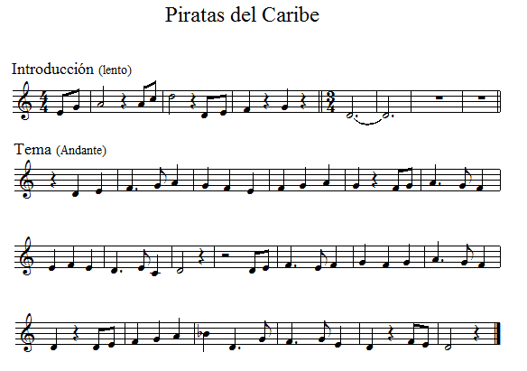  Partitura 2 Fácil de Piratas del Caribe con Introducción Clave de Sol recomendada para Flautas, Violín, Trompeta, Clarinete, Cornos... (Treble clef Recorder, Violín, Flute, Trumpet, Clarinets, Horn...)