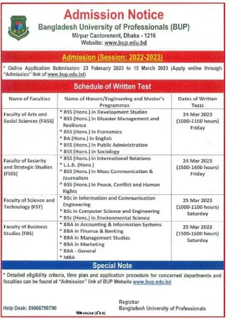 BUP Admission Circular 2023