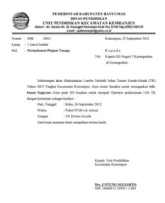 Contoh Surat Permohonan / Pinjam Bantuan Tenaga Guru SMP 