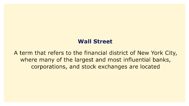 A term that refers to the financial district of New York City, where many of the largest and most influential banks, corporations, and stock exchanges