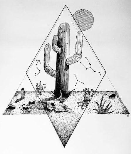 Desert-Landscape-With-Cactus-and-astrology-map-Tattoo-Design