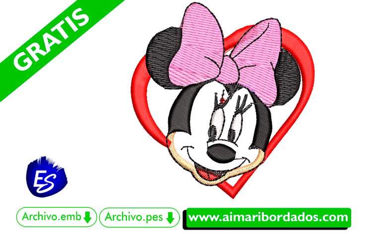 Minnie Mouse con corazón para bordar a máquina DESCARGA GRATIS
