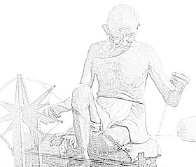 sketch of Mahatma Gandhi at the spinning wheel