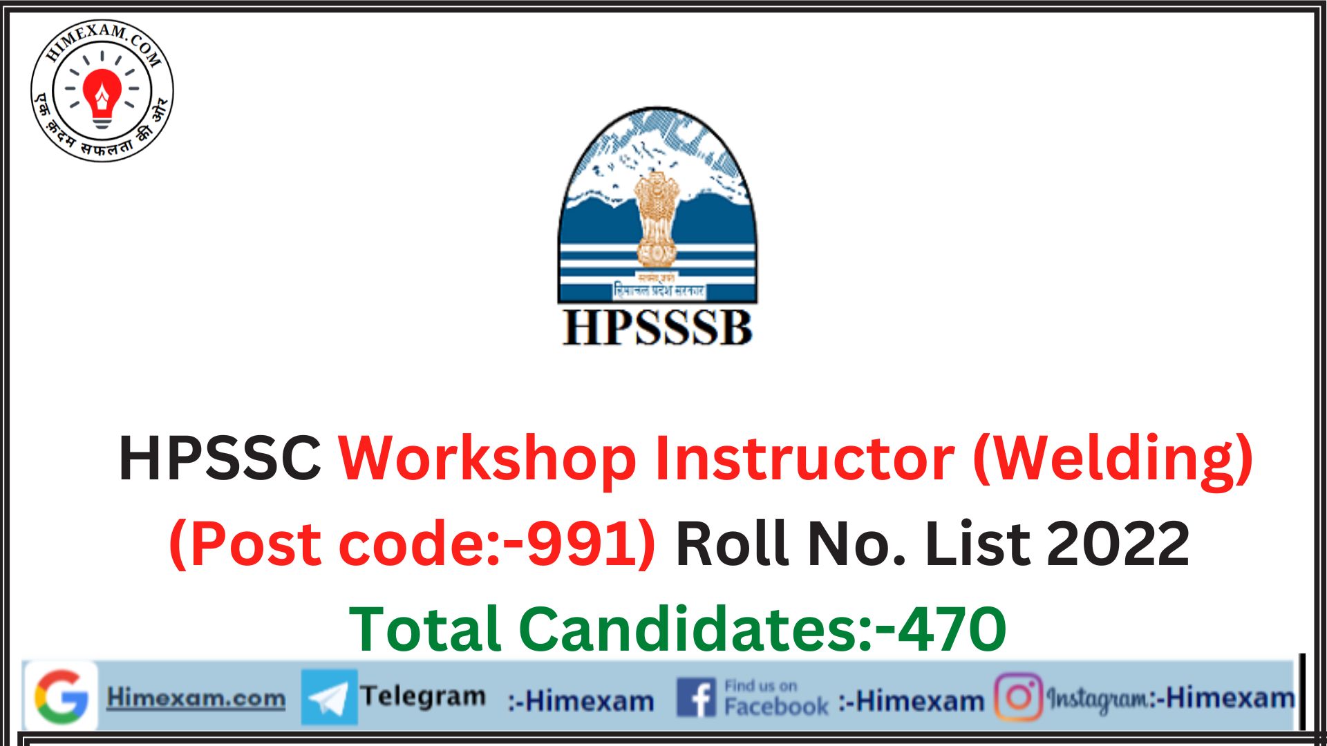 HPSSC Workshop Instructor (Welding) (Post code:-991) Roll No. List 2022
