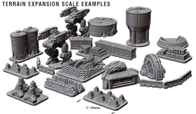 A few of the TERRAIN EXPANSION SET items shown in scale with the Crusader CAV and the Banshee Grav-Tank!