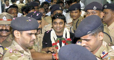 A R Rahman returned by an emirites filight to a rousing welcome at the Anna International Air Terminal after winning two oscars