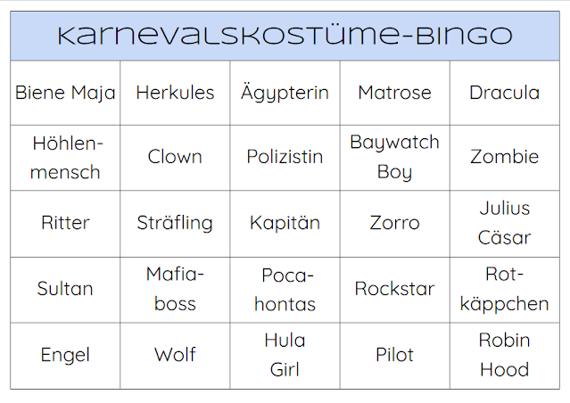 Karnevalskostüme Bingo