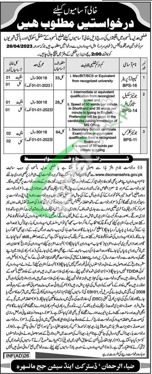 District and Session Court Mansehra Jobs 2023 Application Form Download