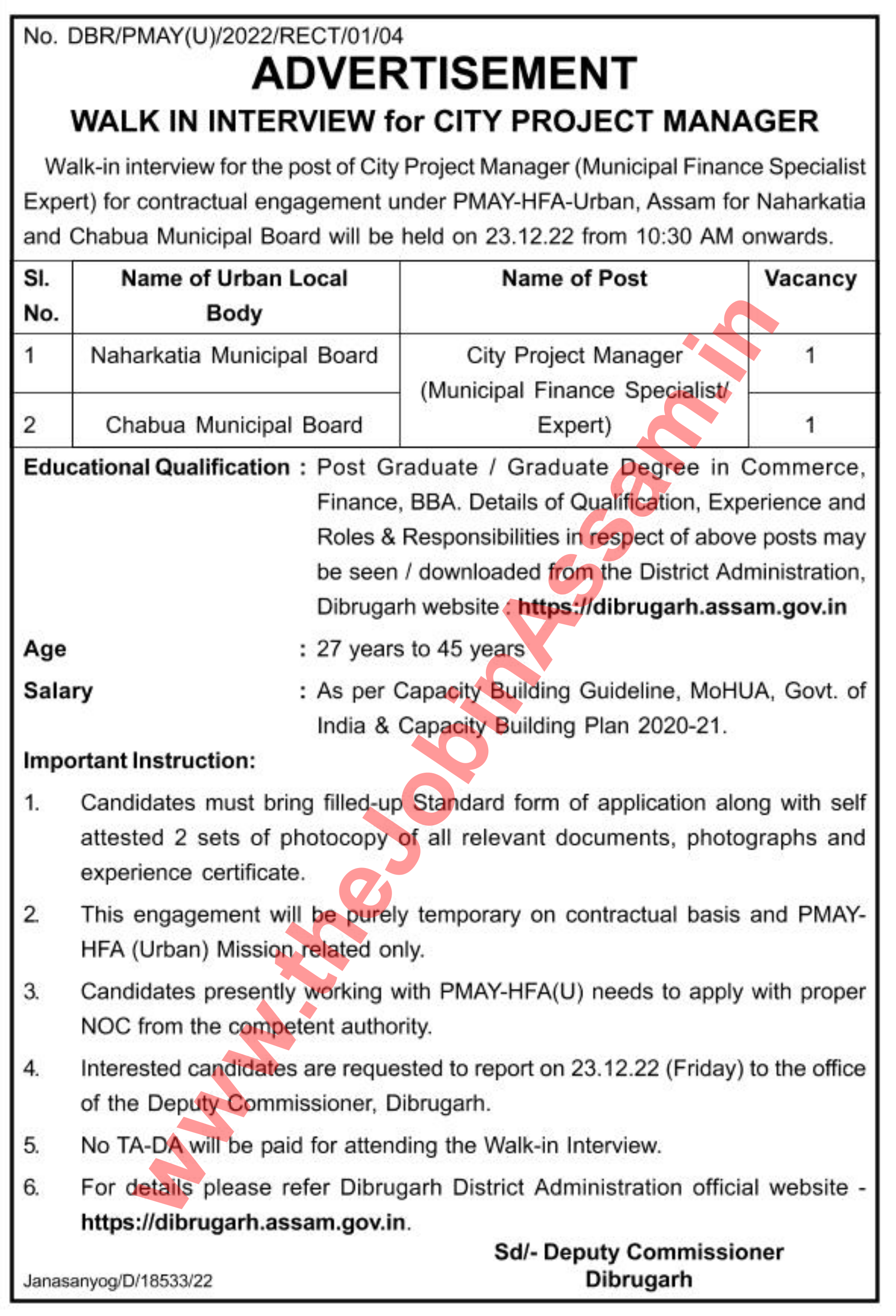 Pradhan Mantri Awas Yojana Urban Dibrugarh Recruitment 2022